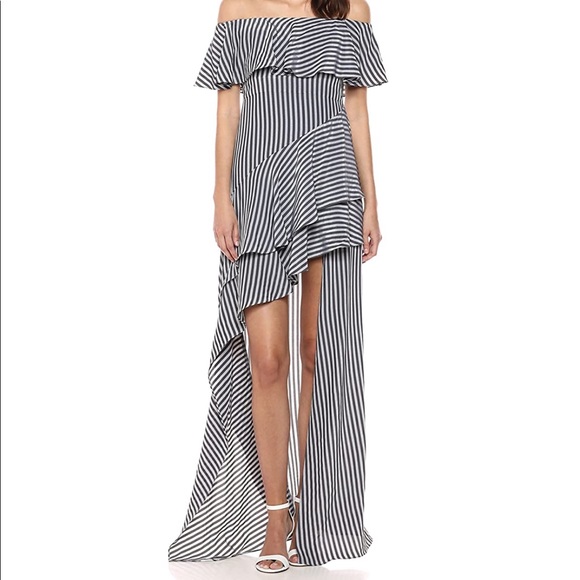 Halston Heritage Dresses & Skirts - HALSTON OFF SHOULDER HIGH LOW FLOUNCE STRIPED GOWN